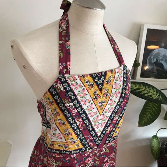 Halter Neck Mid-Length Jumpsuit, Quilted-Look Floral, Burgundy, Size Small - Picture 2 of 7